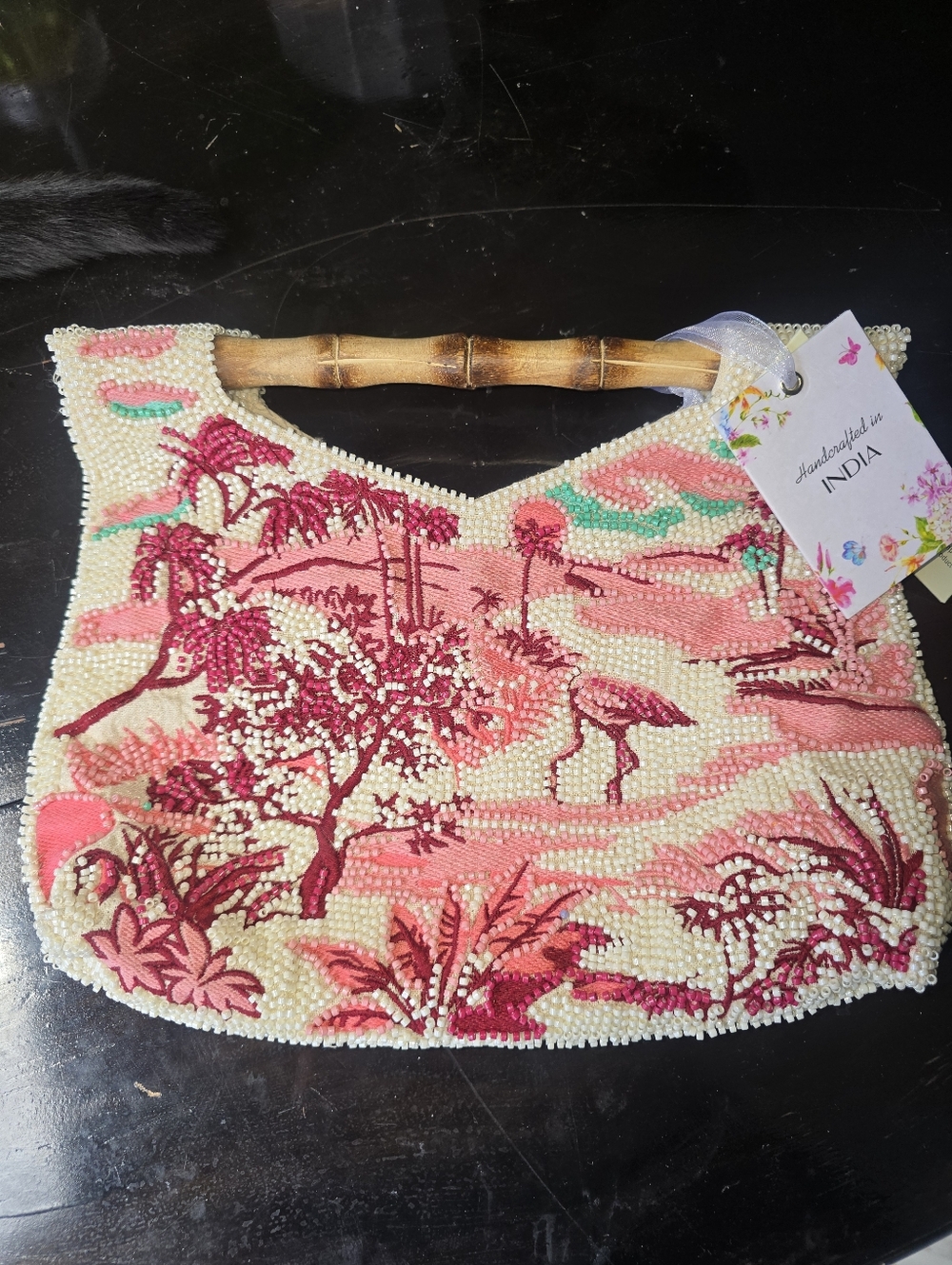 Mary Frances Beaded Tropical Flamingo Clutch – Bamboo Handle